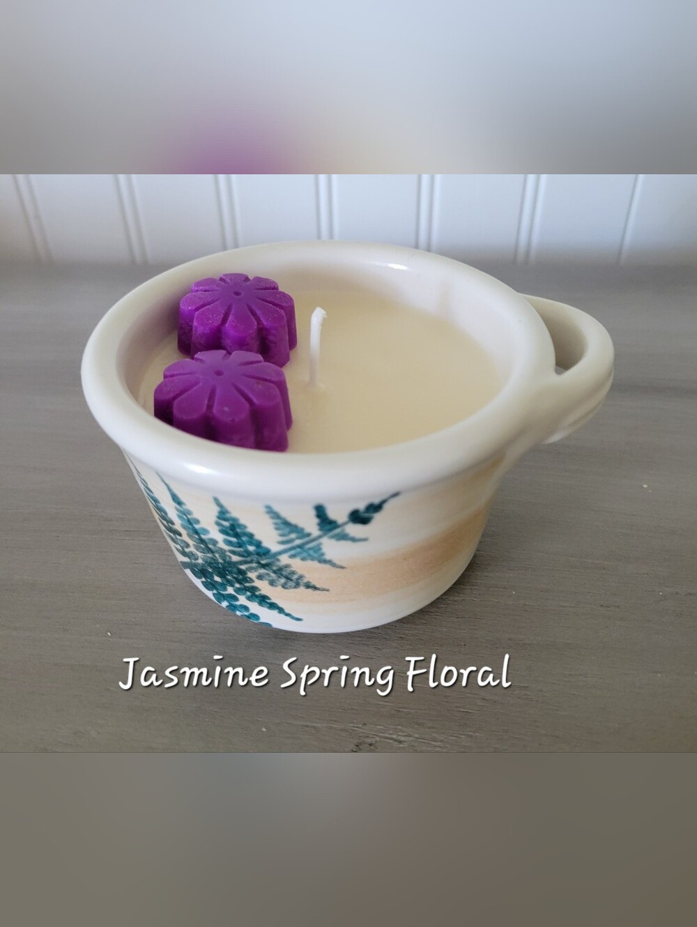 Jasmine Spring Floral 100% Soy Candle in Cream Stoneware Dish with Accents
